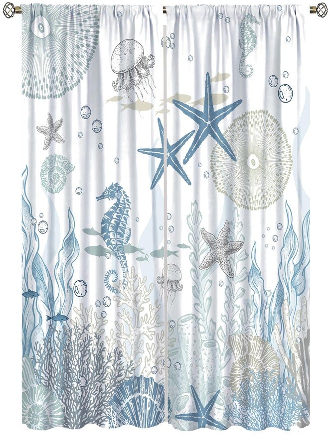 SENRUEGT Nautical Coastal Curtains,Nautical Beach Starfish Seashell Blue Curtains Summer Ocean Window Treatment Drapes for Living Room Bedroom 42x63in - Image 1